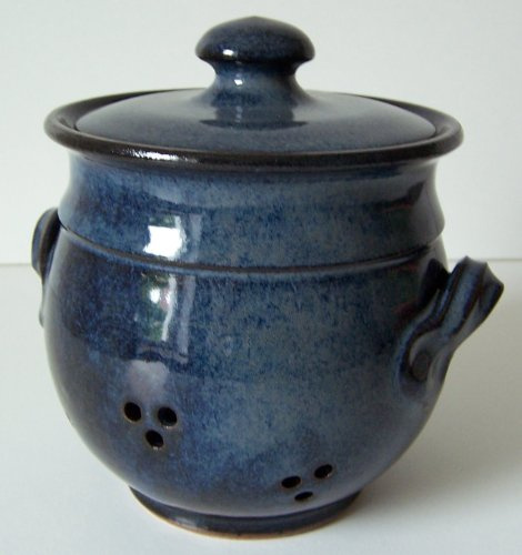 Töpferei Annett Fischer Knoblauchtopf handgetöpfert Knoblauchtopf Keramik Höhe 11 cm (Blau)