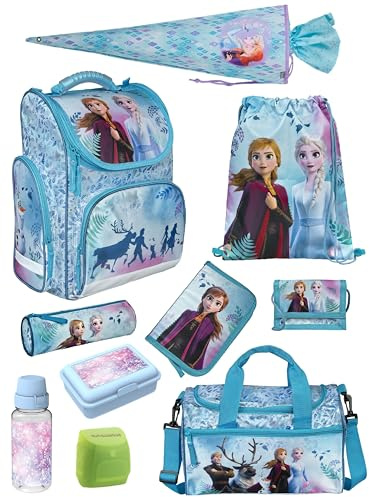 Familando - Schulranzen Set CLOU - 10-teilig mit Schultüte - Disney Eiskönigin (Frozen) - Ergonomisch, Stabil & mit gepolstertem Rücken - 930g leicht - 15L Volumen - Mit Reflektoren - ab 1. Klasse