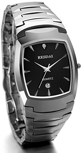 JewelryWe Men's Tungsten Carbide Bracelet Watch Black Dial Quartz Wristwatch with Date Display