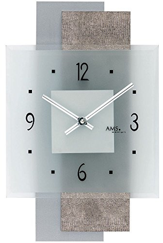 AMS 9443 Quarz Wanduhr Quarzuhr mit Ebenen Design- Kunstleder auf Holzrückwand Mineralglas chromfarbene Zeiger