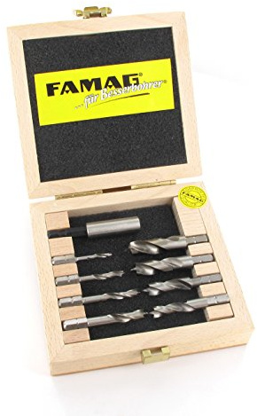 FAMAG Holzspiralbohrer-Bitsatz kurz 9-teilig Ø 3, 4 ,5 ,6 ,7 ,8 ,9 ,10 mm u Bithalter Im Holzkasten