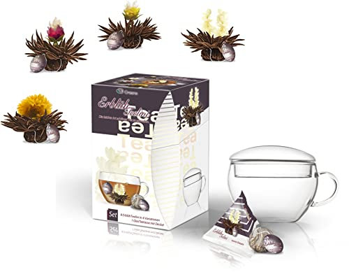 Creano Set cadeau Thé en fleurs | 8 fleurs de thé dans 4 sortes différentes (thé noir) en portion de tasse - verre à thé (200ml) inclus