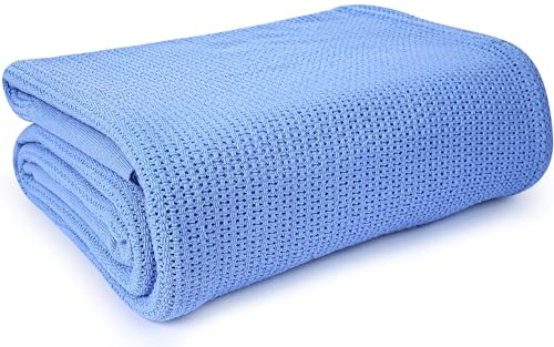 Linteum Textile Hospital Thermal Blanket 66x90 Inch 100% Cotton Breathable Soft and Cozy Open-Cell Weave Design Bed Blanket for Bed, Couch, Sofa Throw for All Season, 2.5 lb (Blue, Twin)