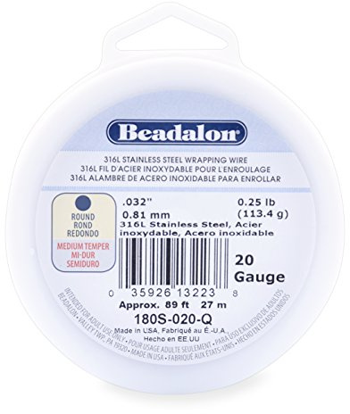 Beadalon – Alambre de Regalo de Acero Inoxidable 316L, Redondo, Calibre 20, Redondo, 89 pies, 1/4 Libra