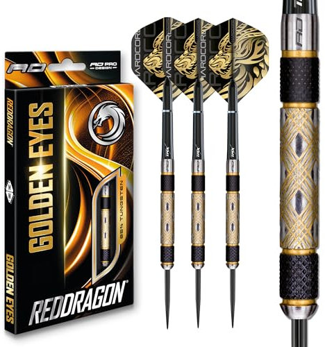 RED DRAGON Darts – Golden Eyes 22g– Professionelles 85% Wolfram-Dart-Set mit Dartflüge und Dart-Schäften