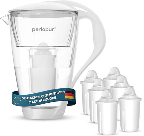 perlopur® Glas-Wasserfilter (weiß) +6 Filterkartuschen Universal | Borosilikatglas, 2 l gesamt, 1 l gefiltert, LED-Anzeige, für classic Kartuschen, reduziert Kalk, Chlor & andere Schadstoffe