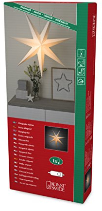 Konstsmide Weißer Papierstern, 7 Zacken, inkl. Anschlusskabel mit an/aus Schalter, ohne Leuchtmittel, E14 Lampenhalterung, 230V, Innen, weißes Kabel - 2918-200