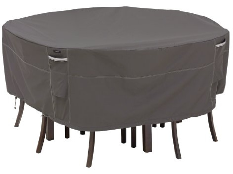 Classic Accessories 55-158-045101-EC Ravenna Round Patio Table and Chair Set Cover Premium Outdoor Furniture Cover with Durable and Water Resistant Fabric, Taupe, Large