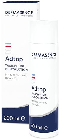 DERMASENCE Adtop Lozione Lavante e Doccia 200 ml, detergente senza sapone per pelle secca e sensibile, con sale marino e bisabololo, pH neutro, vegan, adatta a bambini e adulti