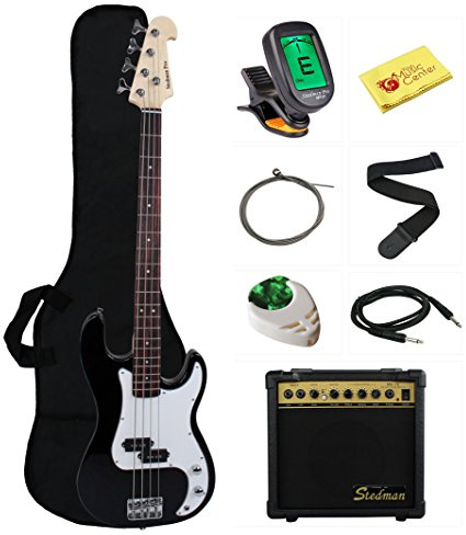 Stedman Beginner Series Bass Guitar Bundle with 15-Watt Amp, Gig Bag, Instrument Cable, Strap, Strings, Picks, and Polishing Cloth - Black