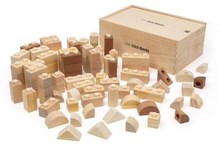 Bigjigs Toys Natural Wooden Click Blocks (100 Pieces) - Stacking Blocks