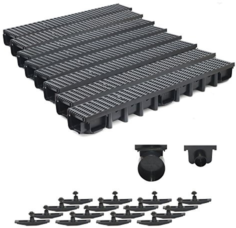 8m Entwässerungsrinne Belastungsklasse B125, 98mm komplett SET Stegrost Kunststoff (schwarz)