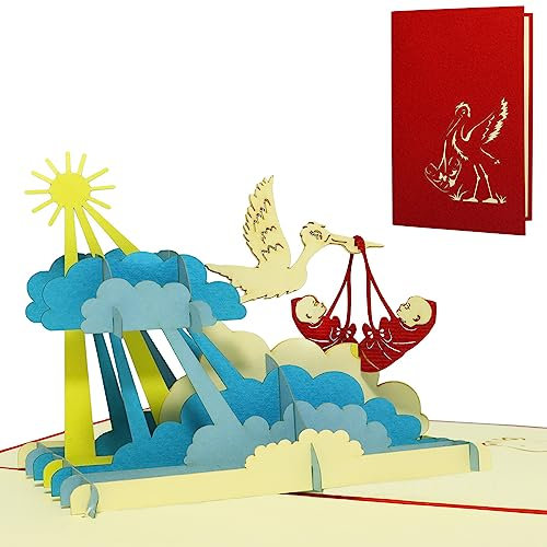 LINPopUp®, POP UP 3D Karte Glückwunschkarte Geburtskarte Klapperstorch Zwillinge (Nr.240)