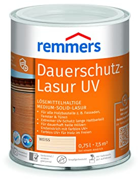 Remmers Lasure protection U.V. longue durée Blanc, 0,75 litres, Protection anti-UV pour bois extérieur, solvantée. Haute protection anti-UV également des teintes claires et incolore UV+.