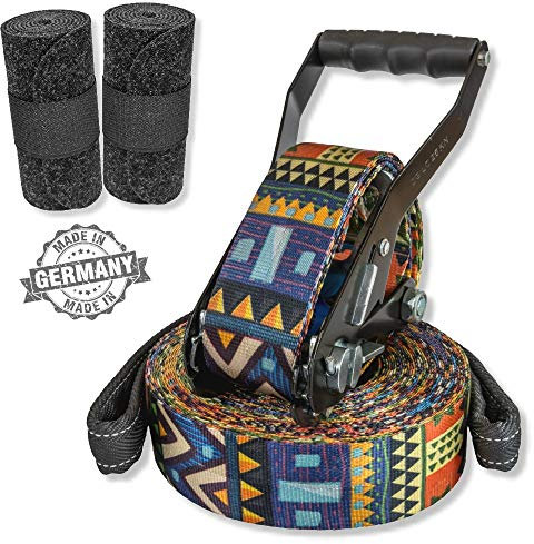 BUZZARD Ethno - Nachhaltiges Slackline-Set 15 m mit Baumschutz 120 cm - Made in Germany