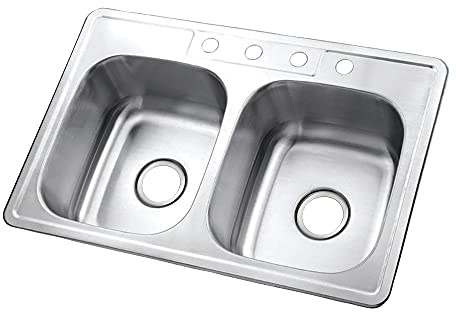 Kingston Brass Gourmetier GKTD33226 Studio Self-Rimming Double Bowl Kitchen Sink, 33-Inch L × 22-Inch W × 6-Inch H, Brushed Stainless Steel