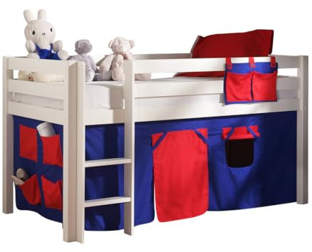 VIPACK PICOHSZG1475 Spielbett Pino mit Textilset Domino, Maße 210 x 114 x 106 cm, Liegefläche 90 x 200 cm, Kiefer massiv weiß lackiert