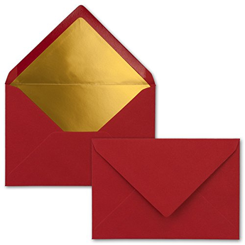 25x Briefumschlag DIN C6 - Dunkelrot mit Goldfutter | Edle C6 Kuverts mit Nassklebung - 11,4 x 16,2 cm - Metallic-Fütterung, matte Oberfläche, ohne Fenster - ideal für Einladungen