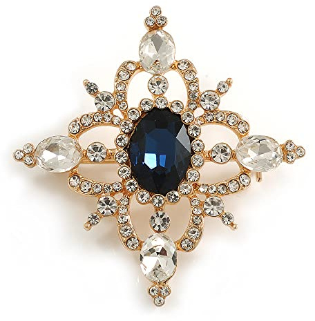 Blue/Clear Austrian Crystal Diamond Shape Corsage Brooch In Gold Plating - 50mm L