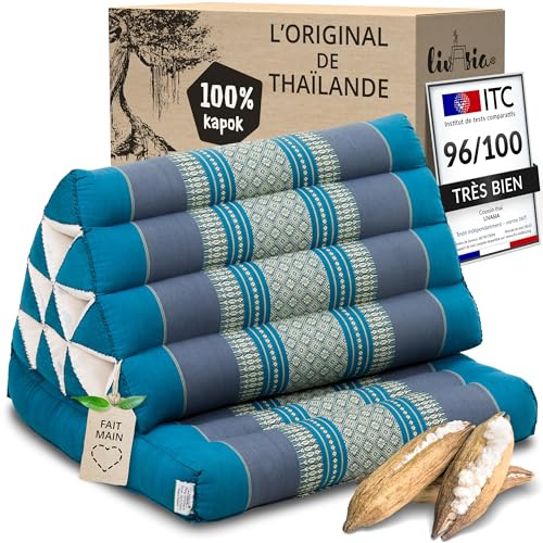 livasia cuscino thai 1 segmento - 75x50x8cm - triangolare per sedersi, cuneo kapok, cuscino per la schiena pieghevole, materassino thai, fatto a mano (Azzurro)
