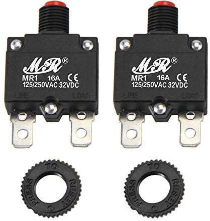 RKURCK Lot de 2 disjoncteurs thermiques 16 A 125/250 V CA 32 V CC - Bouton poussoir - Réinitialisation manuelle - Protection contre les surcharges - Interrupteur 16 A