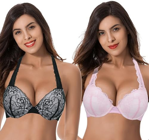 Curve Muse Women's Plus Size Add 1 and a Half Cup Push Up Underwire Convertible Lace Bras-2PK-Black,Pink-36B (EU:80B)-V2