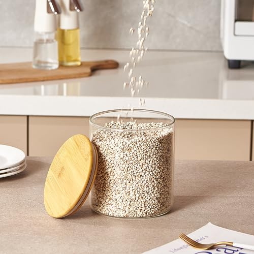 ORNAMI Wide Mouth Borosilicate Glass Storage Jar with Airtight Bamboo Lid | Large Capacity Canister Ideal for Bulk Kitchen Storage (2.6L)