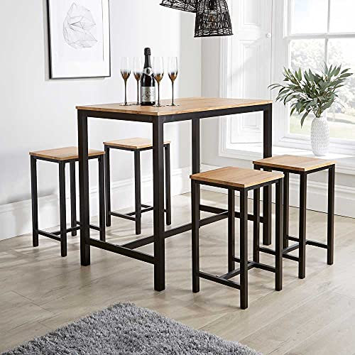 Home Source Kitchen Dining Breakfast Bar Set, Wooden Table Top, Black Metal Frame, Oak Effect, 4 Barstools