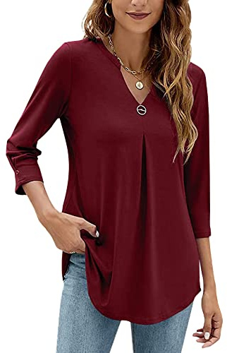 HANERDUN Camicetta Donna Manica a 3/4 Blusa Camicia con Scollo a V Tinta Unita Top Tunica Elegante
