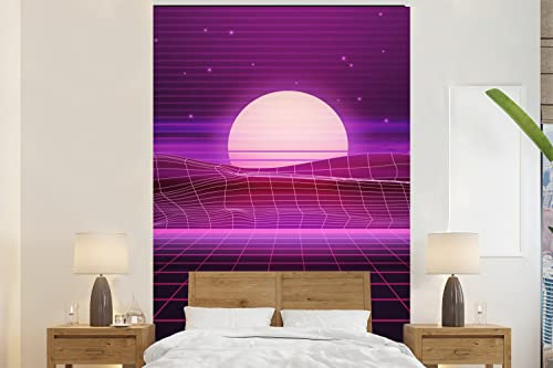 MuchoWow Papier peint Gaming - Néon - Rétro - Violet - Soleil - Gaming Papier peint photo 155x240 cm Papier peint imprimé