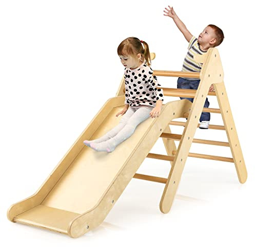RELAX4LIFE Triangolo da Arrampicata con Scivolo per Bambini, Scala per Arrampicarsi in Legno, Triangolo Stabile, Parco Divertimenti per Bimbi 1+ Anni (Modello 2 Naturale)