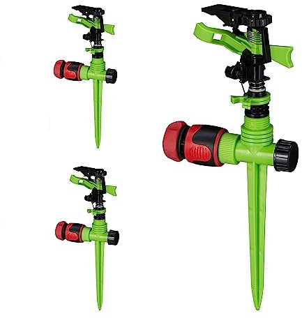 Relaxdays Irrigatore a impulsi Picchetto, Set da 3 Spruzzatori per Prati, 360°, Gittata 7 m, 20-360°, Verde Nero, 31 x 12.5 x 6 cm