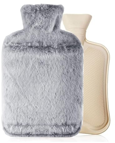 Bouteille Eau Chaude, Bouillote Chauffante, 2L Bouillotte avec Housse en Peluche Douce, Bouillotte eau Chaude 2L, Caoutchouc Naturel Bouillotte, Chauffe-Mains Et Chauffe-Pieds - Gris