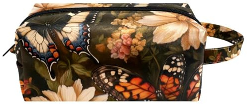 Reise-Kulturbeutel, Kosmetiktasche für Damen, Mikrofaser-Leder, Make-up-Tasche, Organizer mit Reißverschluss, Schmetterling auf Wildblumenfeldern, multi, 8.2x3.1x3.5 in/21x8x9 cm, Kulturbeutel