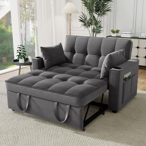 ANIROY 2 Sitzer Schlafsofa mit Schlaffunktion, Doppelsofa, 3 in 1 Multifunktionssofa mit Getränkehalter, verstellbar Rückenlehne und Kissen für Wohnzimmer, Schlafzimmer, Grau