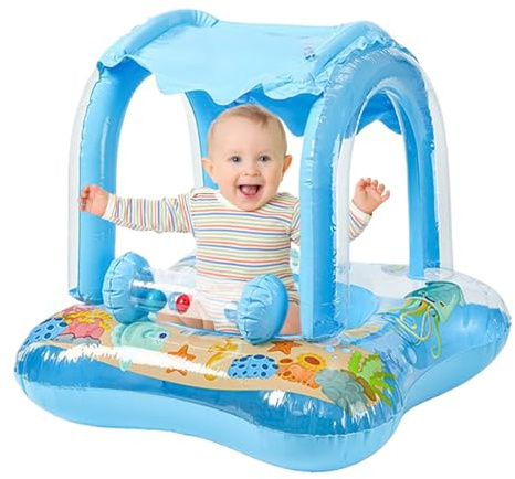 Salvagente Neonato con Tettuccio Parasole, Anello di Nuoto per Bebè, Sedile per Nuoto Gonfiabile, Baby Pool Float, per Estate Spiaggia e Lago, 60x60x48cm