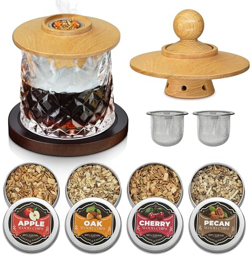 Whiskey Smoker Kit, Cocktails Smoker Infuser Kit with 2pcs Stainless Steel Mesh Filter Bowls, 4 Flavor Wood Chips, Old Fashioned Bourbon Drink Smoked Set, Christmas Day Gift Idea for Dad Mom