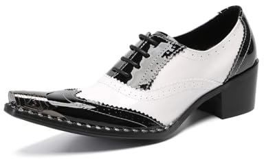 Yhsdfcn Klassiska Svartvita Spectator-skor för Herrar med Wingtip Brogue-mönster, Silverfärgad Metalltå och Slitstarkt Lackläder,Black,37 EU