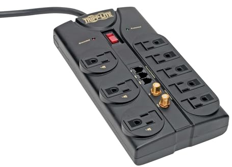 Tripp Lite 8 Outlet Surge Protector Power Strip, 8ft Cord, Right-Angle Plug, Tel/Fax/Modem/Coax Protection, RJ11, Life Limited Manufacturer's Warranty & $150,000 INSURANCE (TLP808TELTV)