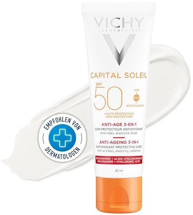 Vichy, Capital Soleil, Soin Anti-Âge 3-en-1, SPF50, Illumine & Protège, Enrichi en Camu Camu & Kombucha, Pour Tous Types de Peau, 50 ml
