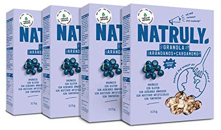 NATRULY Granola BIO de Frutos Secos y Semillas Sin Cereales, Sin Gluten y Sin Azúcar Refinado, Vegana, Sabor Arándanos -Pack 4x325g
