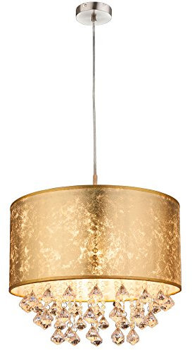 Lampadario a sospensione per camera da letto o soggiorno con paralume in tessuto color oro e cristalli, 40 cm x 140 cm di altezza