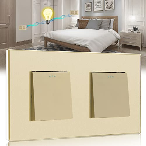 BSEED Interrupteur Mural,1 Gang 2 Voies+1 Gang 2 Voies Or 157 * 86mm,Interrupteur Double va et Vient Encastrable avec Cristal Cadre en Verre