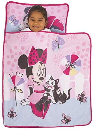 Disney Minnie Mouse - Alfombrilla acolchada para siesta infantil con almohada integrada, manta de forro polar y etiqueta de nombre para guardería, jardín de infantes o viajes, rosa, aguamarina, blanco