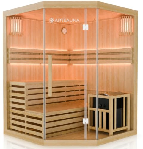 Artsauna Saunakabine Espoo150 Premium mit Harvia Ofen — 3 Personen — Hemlock Holz, Glasfront und LED Licht — Inkl. Thermometer & Sanduhr —Komplett Set