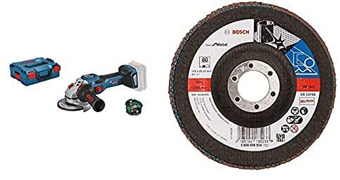 Bosch Professional BITURBO Winkelschleifer GWS 18V-15 SC (mit Connectivity-Modul, voreinstellbare Drehzahlstufen, in L-BOXX) + Fächerschleifscheibe (verschiedene Materialien, Ø 125 mm, Körnung 80)