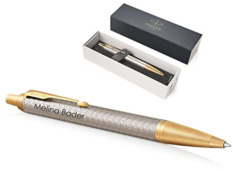 PARKER IM Premium Kugelschreiber mit Gravur | Premium Stift | Geschenkbox | blaue Tinte | edel | personalisiertes Geschenk | Namen | graviert | Jahrestag | Geburtstag (Warm Silver G.C.)