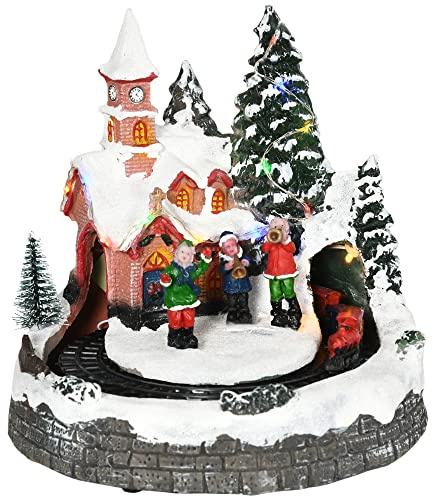 HOMCOM Pueblo Navideño Escena Navideña Iluminado con Luces LED Árbol de Navidad Música y Tren Móvil Decoración Navideña sobre Mesa 20x19,5x20 cm Multicolor