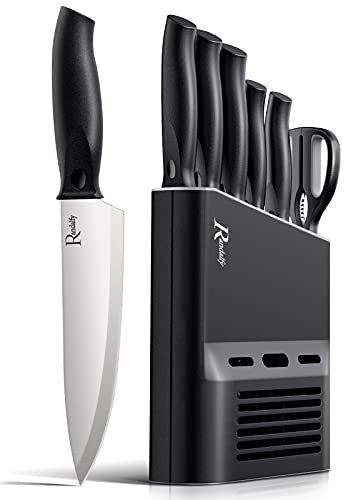 Messerset mit Messerblock Set, 7-TLG Kochmesser Set mit Messer, Schere, Messerblock zum Hacken von Fleisch/Gemüse/Obst, das Scheiben, Würfeln Schneiden, Silber