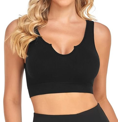 SIMIYA Comfort Sport Bra Crop Top Bras Removable Cups Seamless Bra Notch Neckline Bralette for Women Workout Yoga(M, Black)